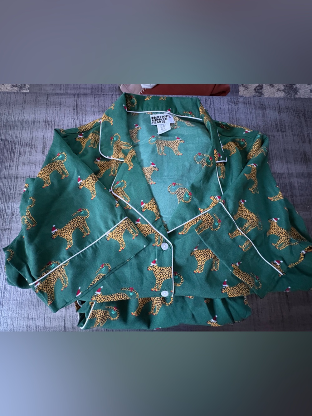 Green Leopard Print Pajama Set with Holiday Accents
